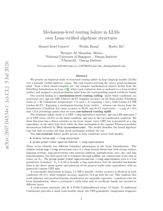 First page of Mechanism-level routing failure in LLMs over Lean-verified algebraic structures